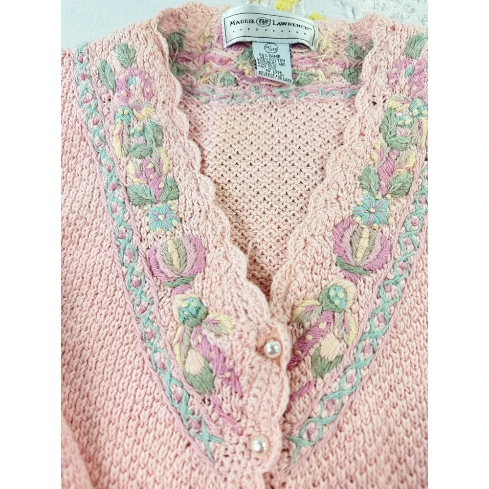 Maggie Lawrence Vintage Pink Floral Embroidered Pearl Button Sweater 26W